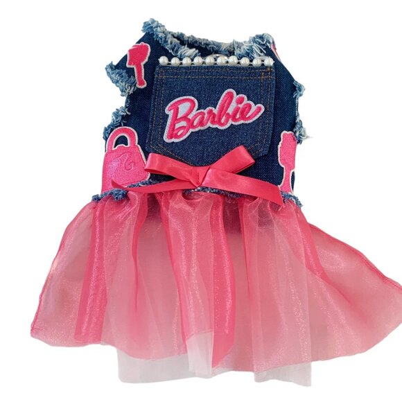 Barbie Doll Denim Harness Dress Custom Dog Pet Clothing Harness Tutu Tulle Skirt